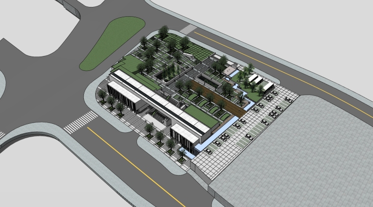 景观新中式酒店模型资料下载-新中式 停车场景观su模型