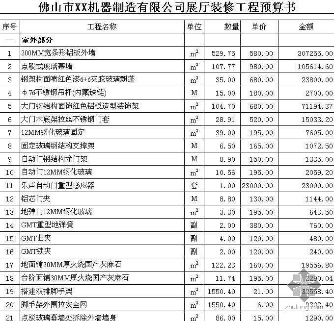 室内外预算资料下载-佛山市某公司展厅室内外装修工程预算书