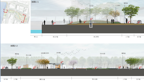 [浙江]滨水公共绿地城市文化新地标景观规划设计方案（6个公园项目附赠总体汇报视频）-江东公园-景观剖面图