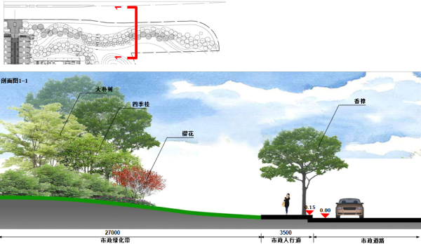 [湖南]森林山脚下生态宜居别墅大盘景观设计全套图纸（方案文本+CAD施工图+实景图）-市政绿化带剖面图