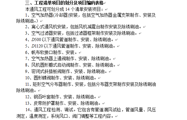 某通风空调工程清单计价-清单项目划分及项目编码