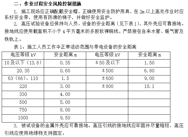 220kV变电站工程施工安全管理及风险控制方案（word）-施工人员工作中正常活动范围与带电设备的安全距离