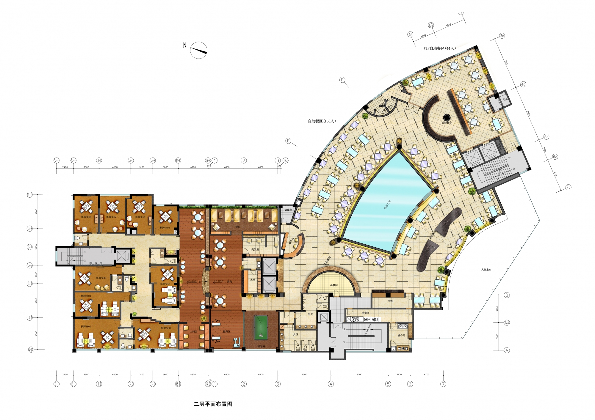 设计及施工图的一个水疗会所,整体方案结合建筑本身的扇形平面展开