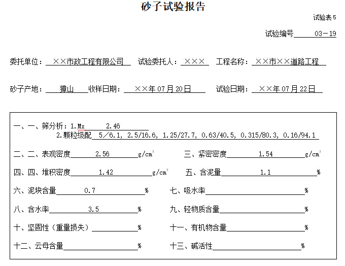 2017最新市政工程资料表格填写范例样本-砂子试验报告