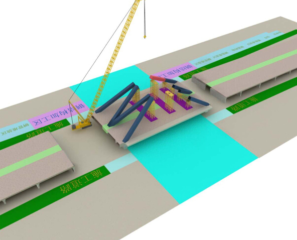 城市高空对接作业劲性钢结构拱桥施工方案55页（大吊车）-650吨履带吊站在引桥预留两跨处吊装另一侧