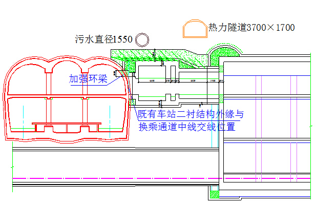 含PBA法明挖顺作法暗挖法T形通道换乘车站地铁工程土建施工标书492页-换乘通道与地下管线及既有结构关系立面图