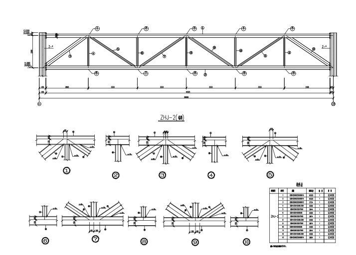纵横桁架体系钢结构屋盖结构施工图（CAD、40张）-端跨桁架详图