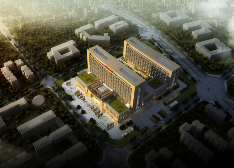 [四川]某人民医院方案建筑设计文本（PPT+2014年）-黄昏 鸟瞰图