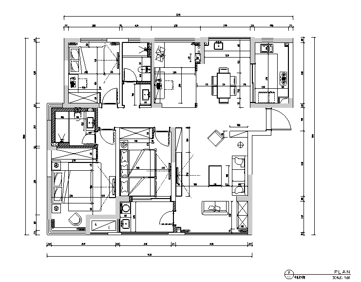 简约三居室住宅设计施工图（附效果图）-平面尺寸图