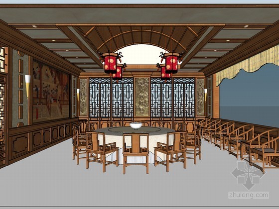 现代风格婚礼宴会厅资料下载-中式宴会厅SketchUp模型下载