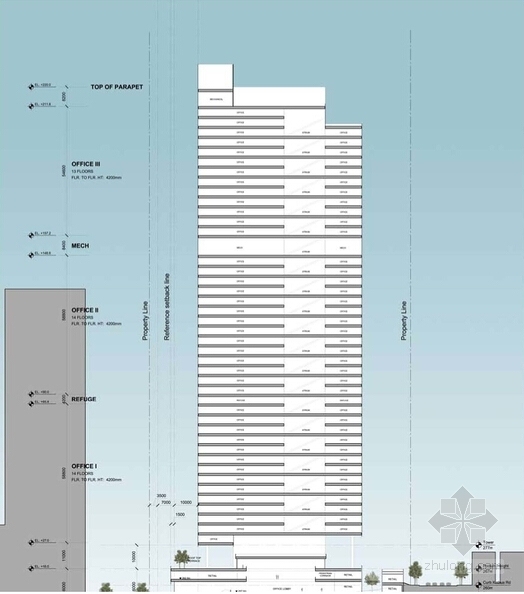 [重庆]现代风格高层商业街设计方案文本-现代风格高层商业街设计剖面图