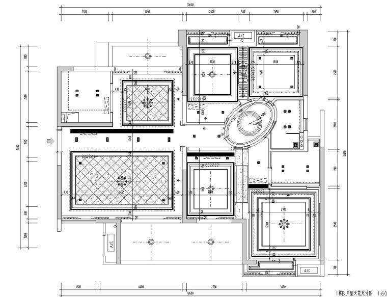 [广东]欧式城市时代T1B样板房室内施工图设计(浅色调欧式)-天花尺寸图