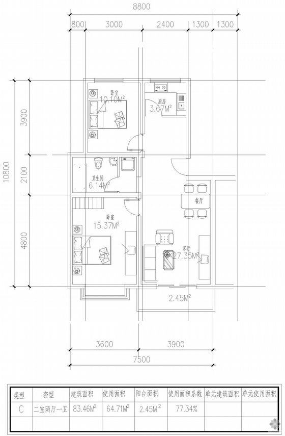 板式高层两室一卫户型图资料下载-板式多层单户二室二厅一卫户型图(83)