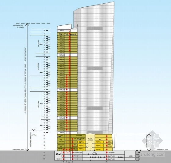 [江苏]超高层玻璃幕墙星级酒店及办公建筑设计方案文本-超高层玻璃幕墙星级酒店及办公建筑剖面图