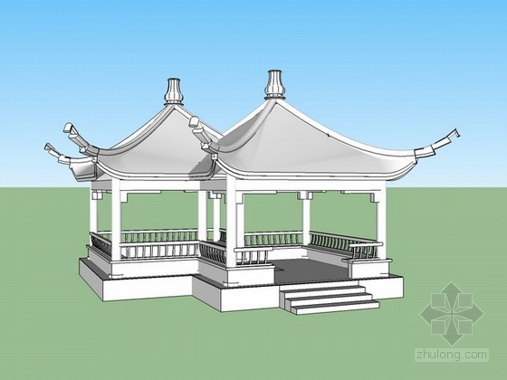 中式亭廊3d灯模型资料下载-双亭sketchup模型下载