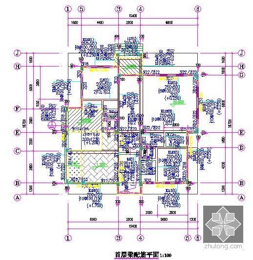 [广东]3层别墅建安工程预算书(含施工图纸)-梁配筋平面图