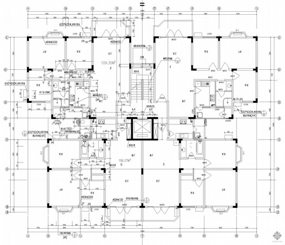 高层一梯四户户型CAD资料下载-塔式高层一梯四户户型图(106/106/109/109)