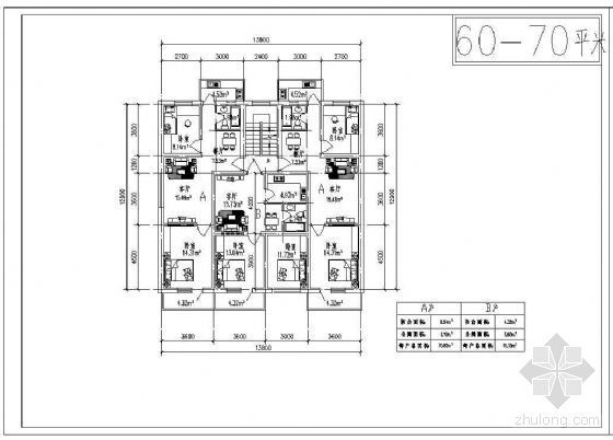 90平米户型cad平面资料下载-四种（90平米以下）多层住宅建筑平面