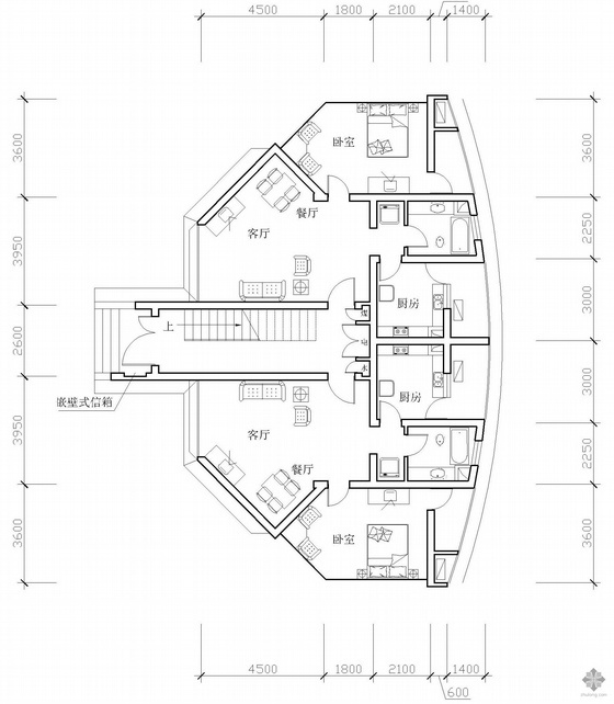 一室一厅设计图cad资料下载-板式多层一梯两户一室一厅一卫户型图(79/79)
