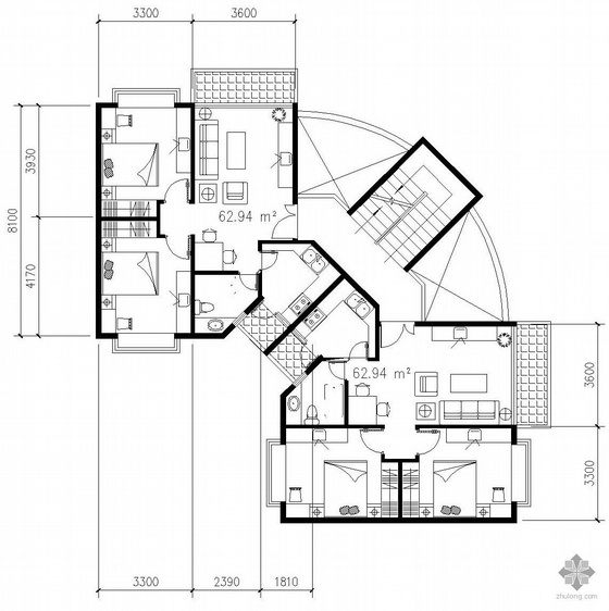 1室一厅户型资料下载-板式多层一梯二户转角型二室一厅户型图(63/63)