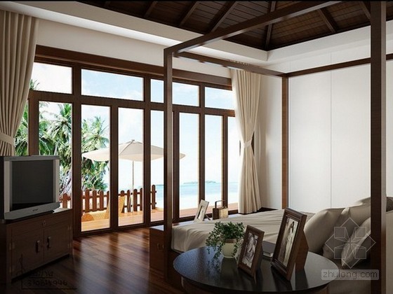 带宽大阳台的海景房资料下载-度假酒店海景房卧室3d模型下载