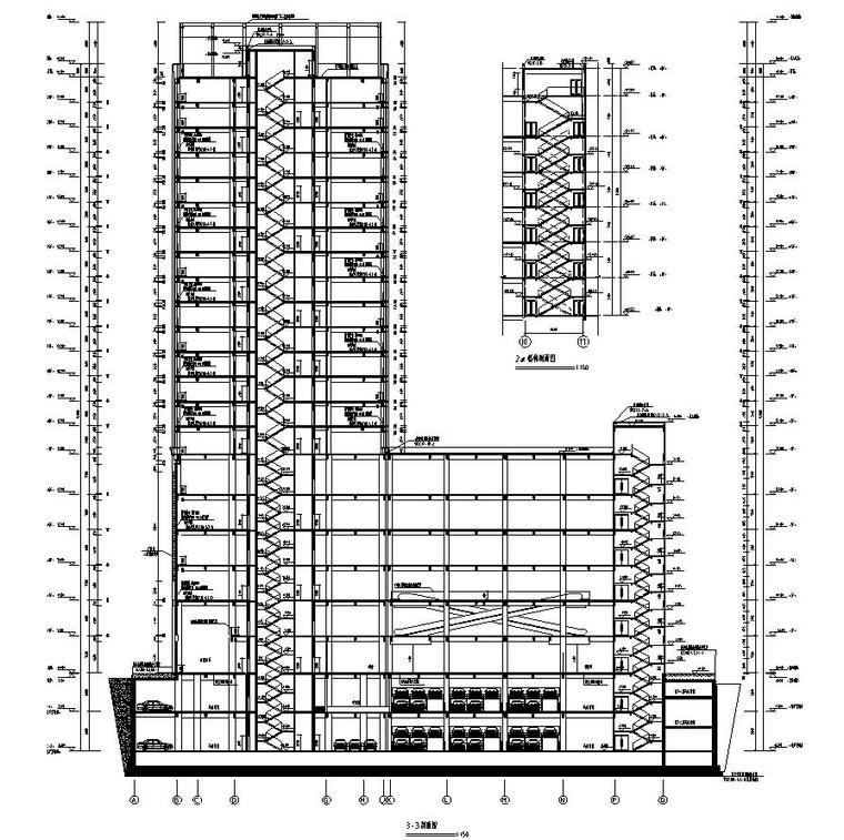 [北京]高层剪力墙结构物流办公中心建筑施工图（含全专业）-高层剪力墙结构物流办公中心建筑剖面图