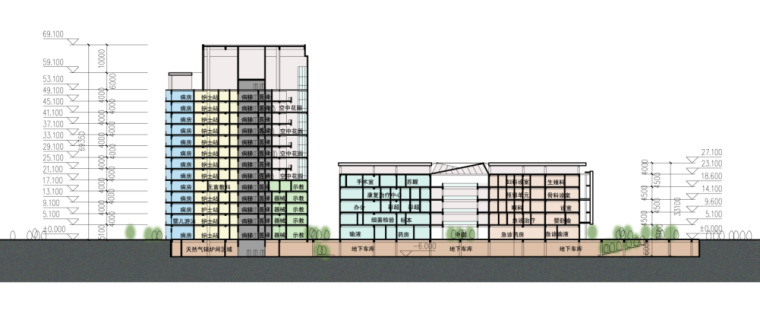[深圳]高层现代简洁流动感综合性医院建筑设计方案文本-高层现代简洁流动感综合性医院建筑剖面图