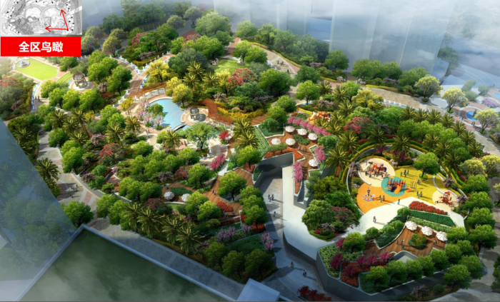 [福建]中西合璧滨江国际酒店及商住项目景观规划设计方案-花园区鸟瞰效果图