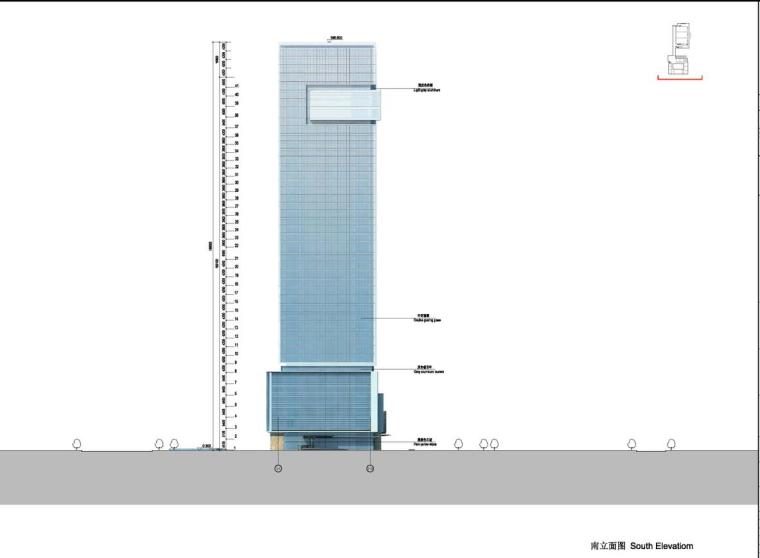 [中国]41层超高层企业办公楼建筑设计方案文本效果图及CAD施工图-南立面图
