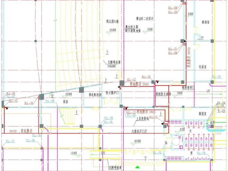 [江苏]教学楼全套水暖电施工设计图-一层给排水及消防平面图.jpg