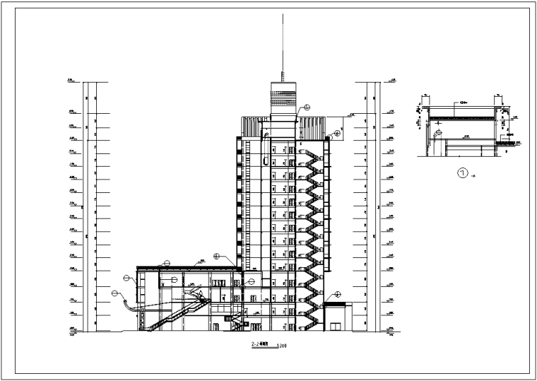 [北京]某假日广场酒店超全建筑CAD施工图-[北京]某假日广场建筑图纸2-2剖面图 