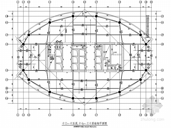 48层混合框架核心筒结构财富中心结构施工图-十三~十五层,十七~三十层结构平面图