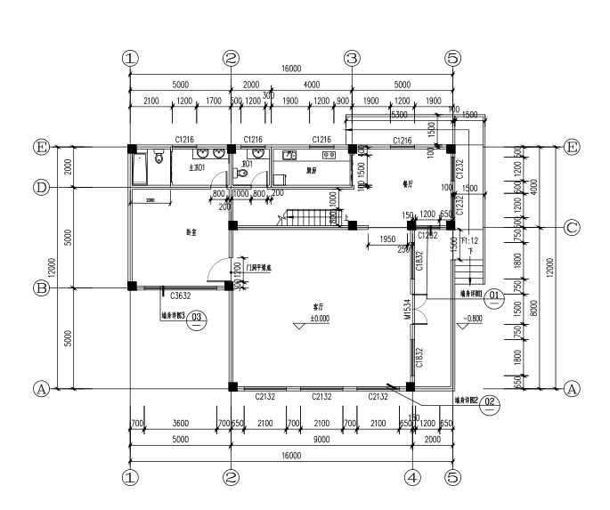 [甘肃]二层框架结构别墅建筑结构施工图（CAD、21张）-一层建筑平面图