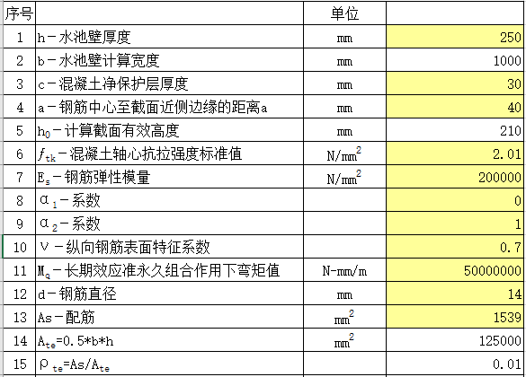 水力计算excel表格资料下载-水池裂缝计算excel表格