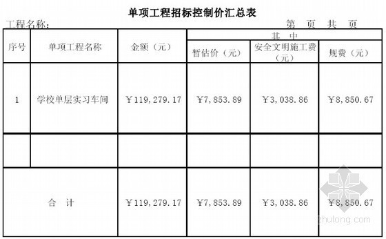 湖北省土建工程定额资料下载-[湖北]单层车间土建工程招标控制价实例（2009-01）