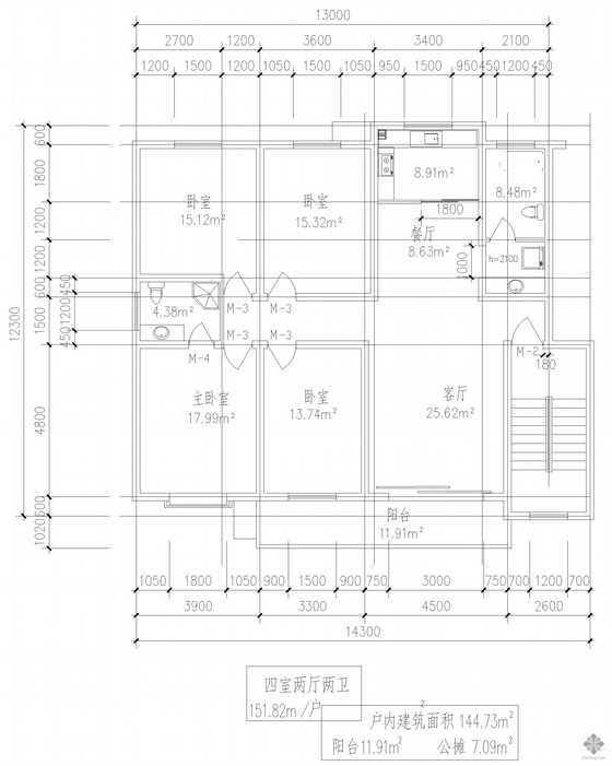 多层四室户型资料下载-板式多层一梯二户四室二厅二卫户型图(152/152)