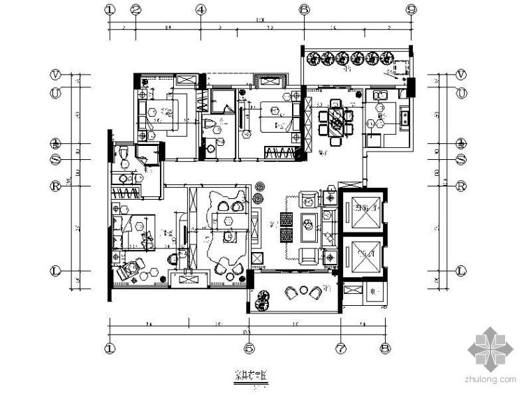 美式风格室内施工图资料下载-美式风格样板房四居室装修施工图