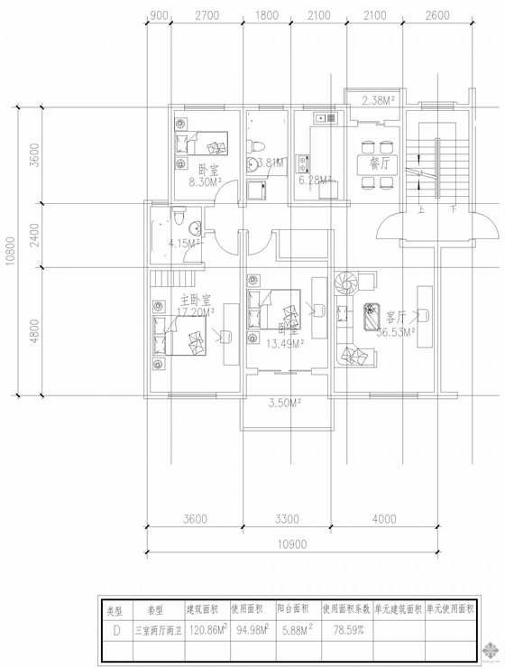 板式多层一梯两户三室两厅两卫户型图(121/121)