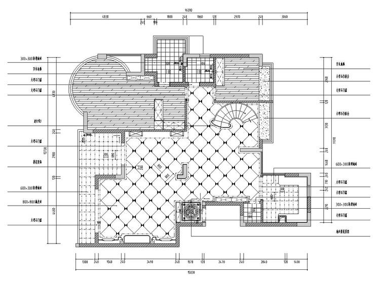 远辰山水一号居住区区复式楼施工图设计（CAD+实景图）-一层地面材质布置图