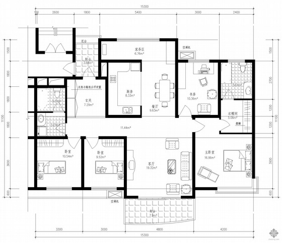 多层四室户型资料下载-板式多层单户四室二厅二卫户型图(150)