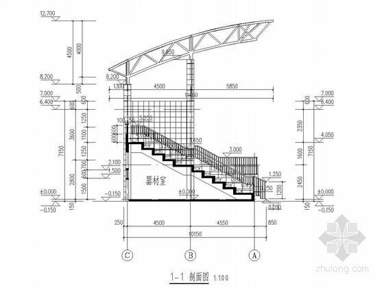 膜结构中学体育场看台结构施工图（含建筑图）-剖面图
