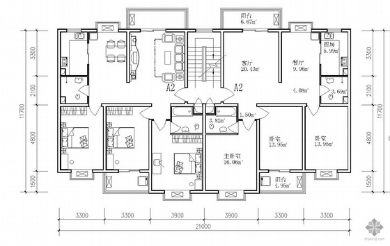 一电两户户型资料下载-板式多层一梯两户户型图(127/127)