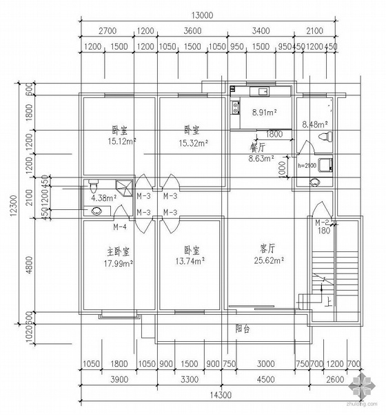 96平方一梯三户建筑图资料下载-板式多层一梯二户五室三厅三卫有跃层户型图(201/201)