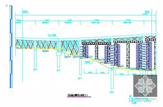 [重庆]桥下有永久性高层建筑高架连续箱梁桥切割拆除施工安全专项方案126页-脚手架及墩柱解体作业平台搭设纵断面示意图