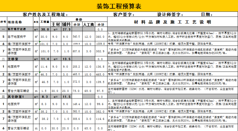 室内装饰预算表-装饰工程预算表