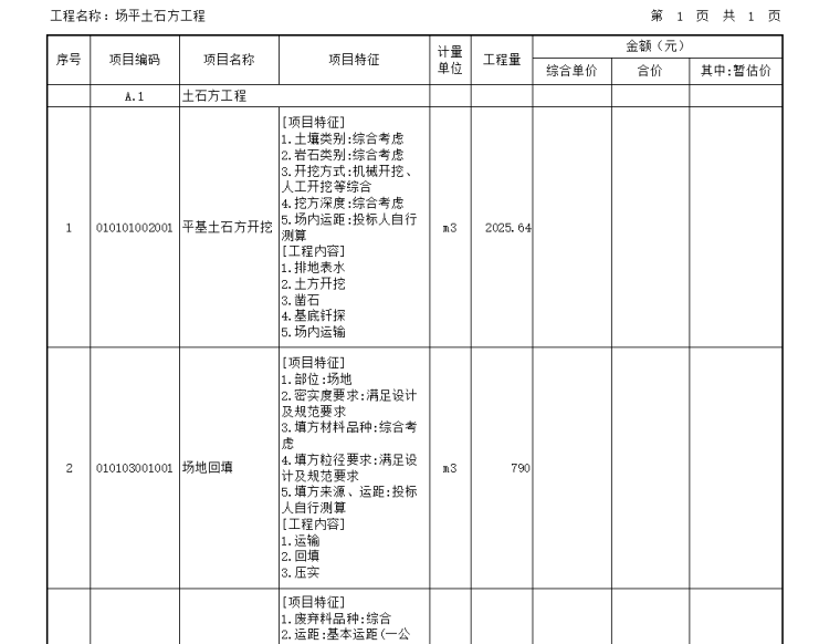 [重庆]污水处理工程施工图预算（含图纸，计算书）-场平土石方工程量清单