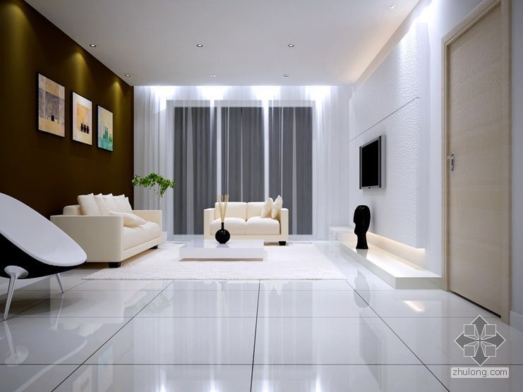 白色玻璃个性住宅资料下载-白色简约客厅