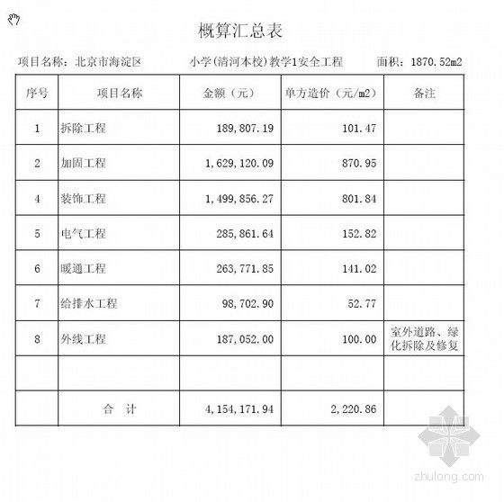 北京市某小学教学楼加固改造工程概算书（2010-12）- 