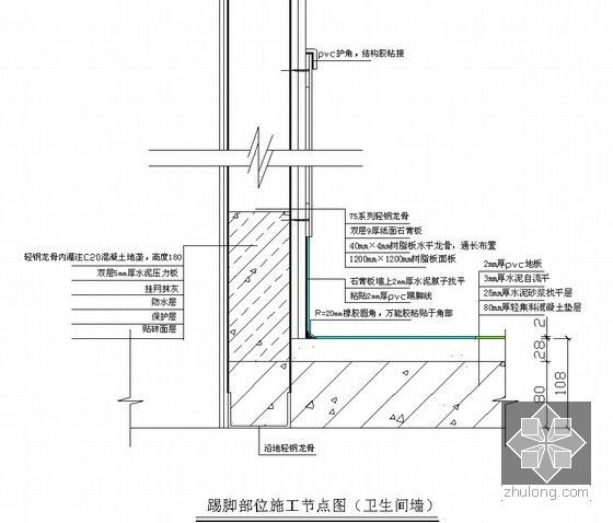 HPL高温层压树脂板饰面隔墙施工技术（附多图）-踢脚部位施工节点图（卫生间墙）