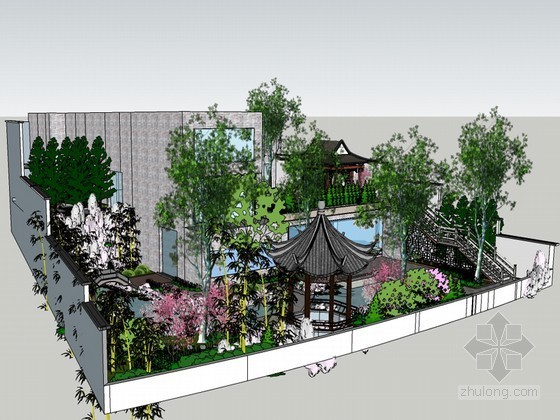 花园庭院模型资料下载-中式庭院花园SketchUp模型下载